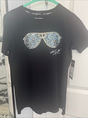 Karl Lagerfeld Black Tee with Blue and Silver Sequin Sunglasses Motif